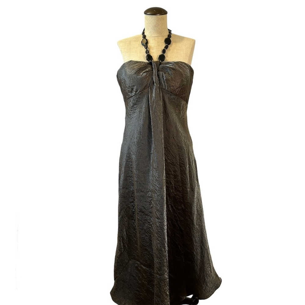 ADRIANNA PAPELL Metallic Dress with Wooden Beads Halter Neck